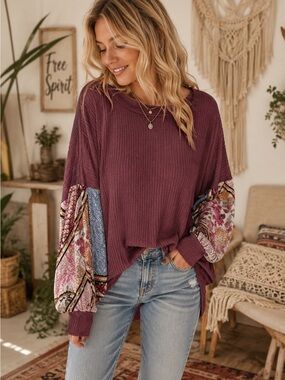 7th Ray Plum Waffle Knit Crew Top with Boho Sleeves